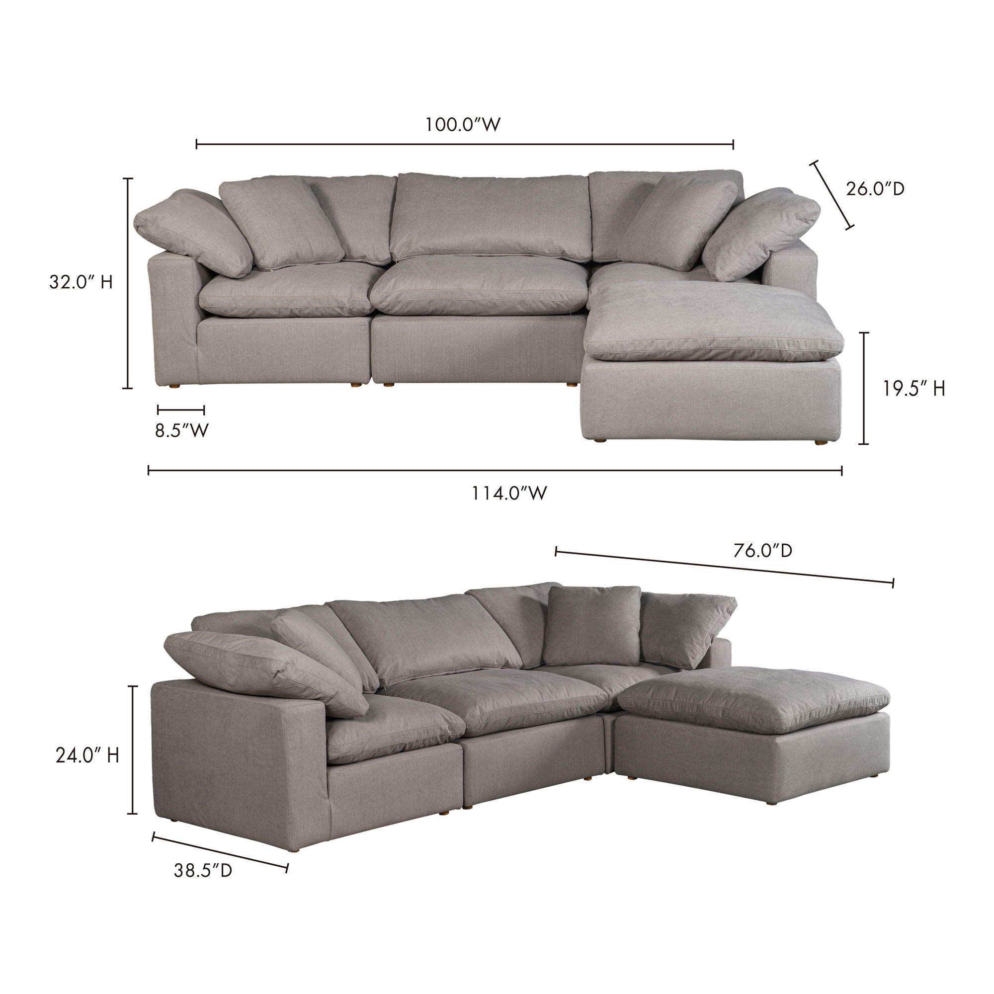 Terra Condo Lounge Modular Sectional Light Grey, Sectional Sofa by Moe's Home, 114" width x 32" height x 76" depth View 7