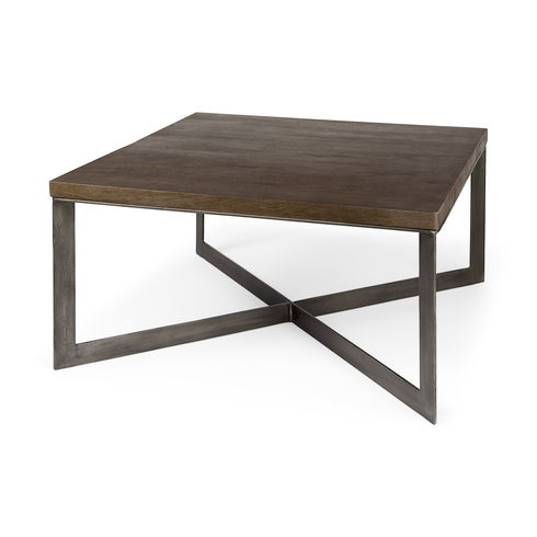 Faye 34L x 34W x 17H Medium Brown Wood with Antique Nickel Metal Base Square Coffee Table