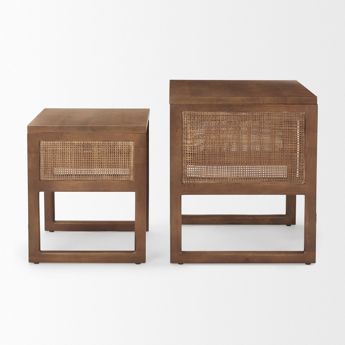 Grier Set of 2 Medium Brown Solid Wood with Cane Nesting Accent Tables, Side & End Table by Mercana, 20" length x 20" width x 23.25" height View 7