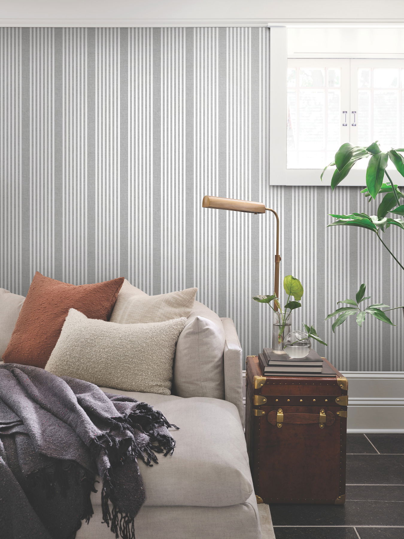 French Charcoal Linen Stripe Wallpaper, by York Wall, 27' length x 2'3" width x 0.02" depth View 2
