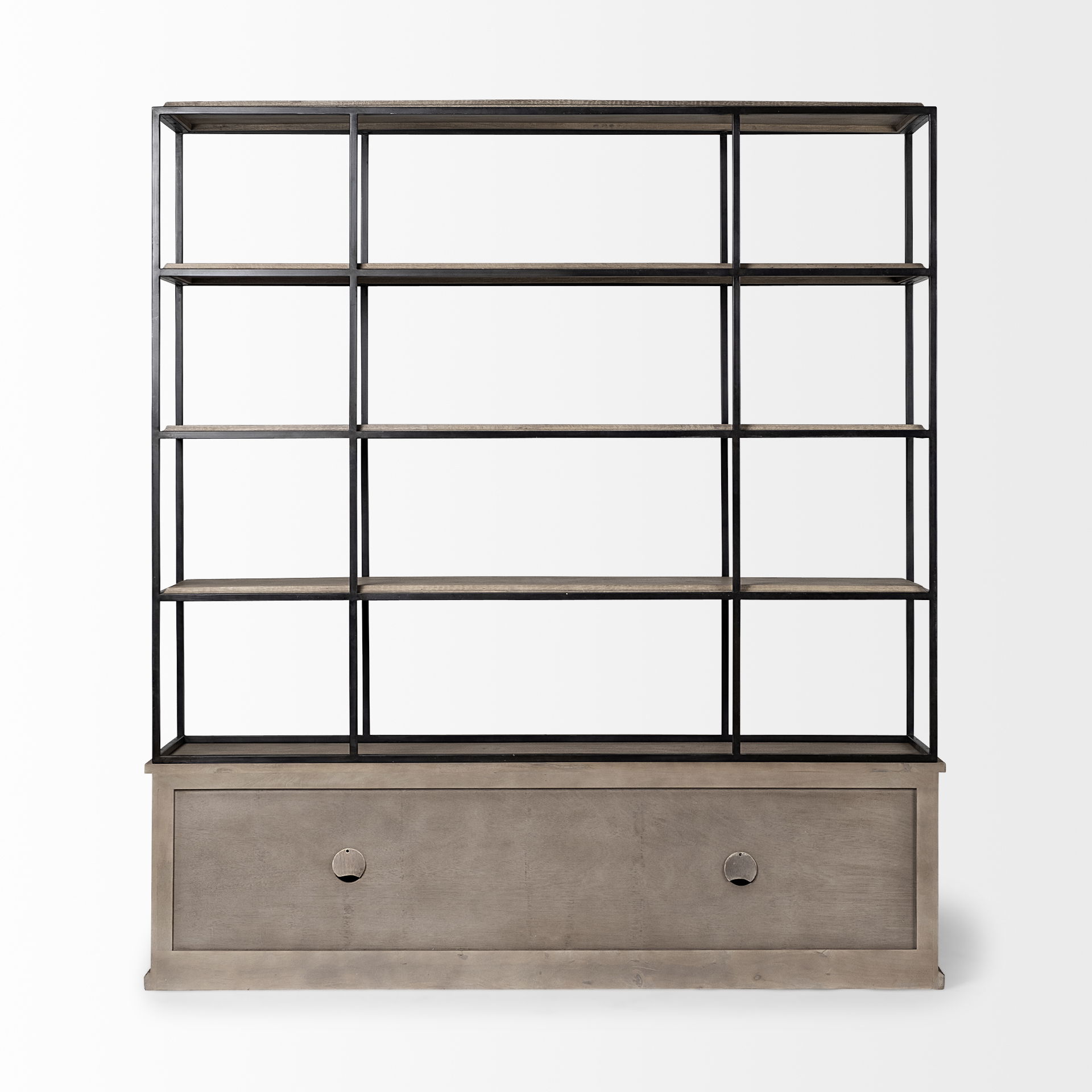 Braxton I Light Brown Wood and Iron Three Shelf Shelving Unit 81.5L x 18.5W x 90, Shelving & Bookcase by Mercana, 81.5" length x 18.5" width x 90" height View 4