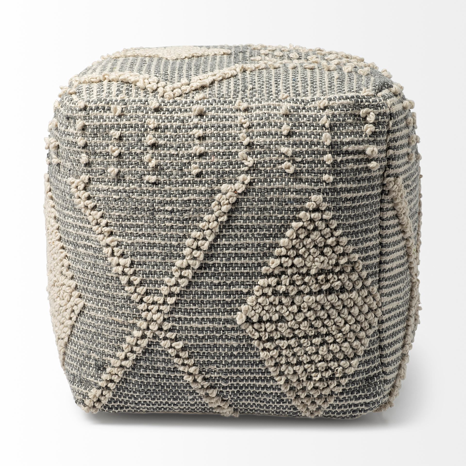 Brinket Gray/Cream Polyester Handwoven Square Pouf, Ottoman by Mercana, 17.72" length x 17.72" width x 17.72" height View 3
