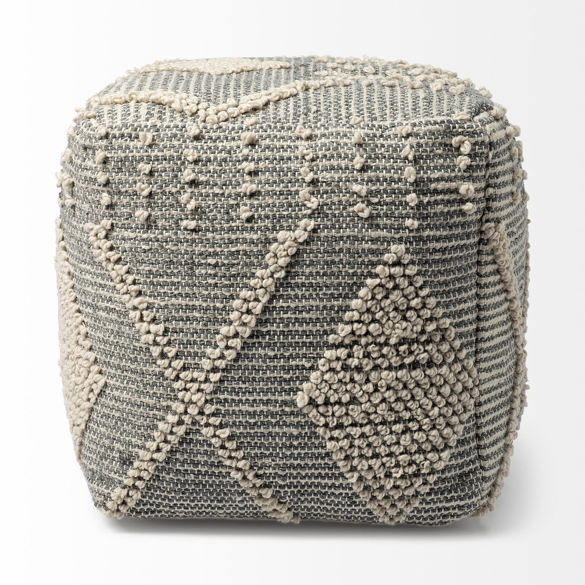 Brinket Gray/Cream Polyester Handwoven Square Pouf, Ottoman by Mercana, 17.72" length x 17.72" width x 17.72" height View 3