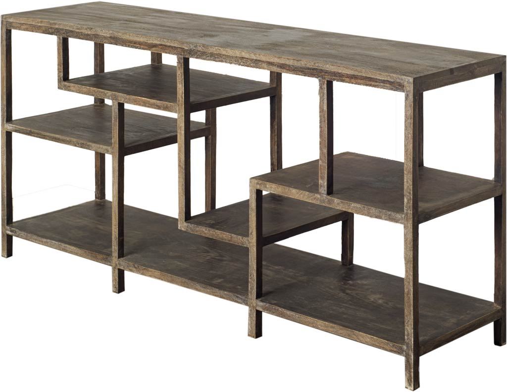 Wright I 16L x 66W Brown Wood Multi-Level Shelf Console Table, by Mercana, 66" length x 16" width x 32" height View 1