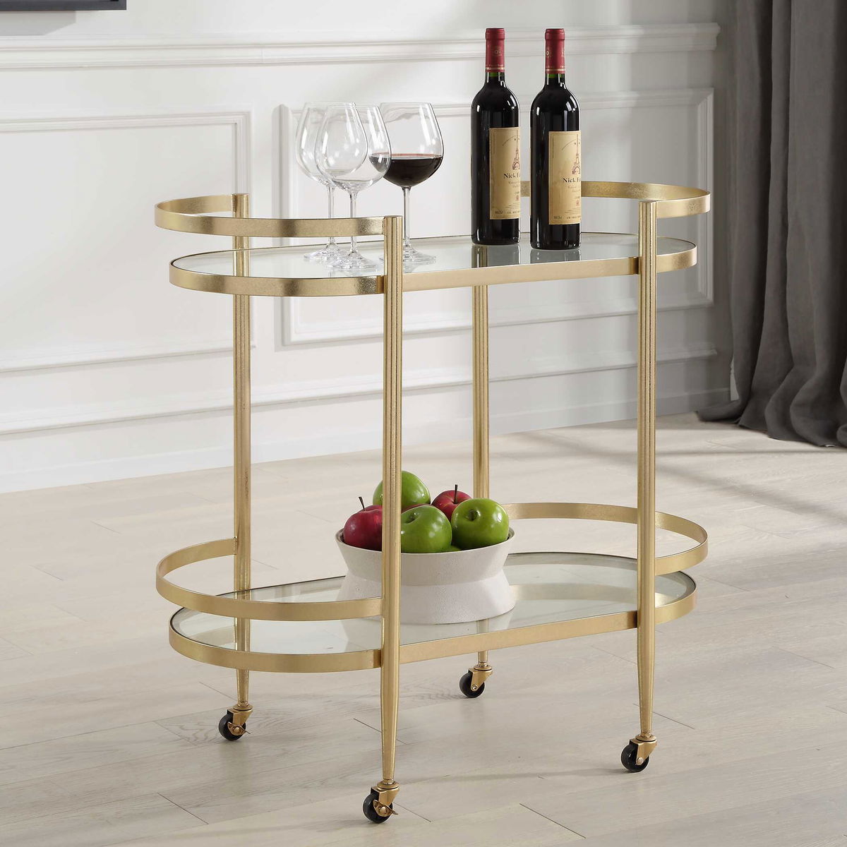 Isabelle Gold Bar Cart, Bar Carts & Cabinet by Uttermost, 33.5" width x 32" height x 17.75" depth View 4