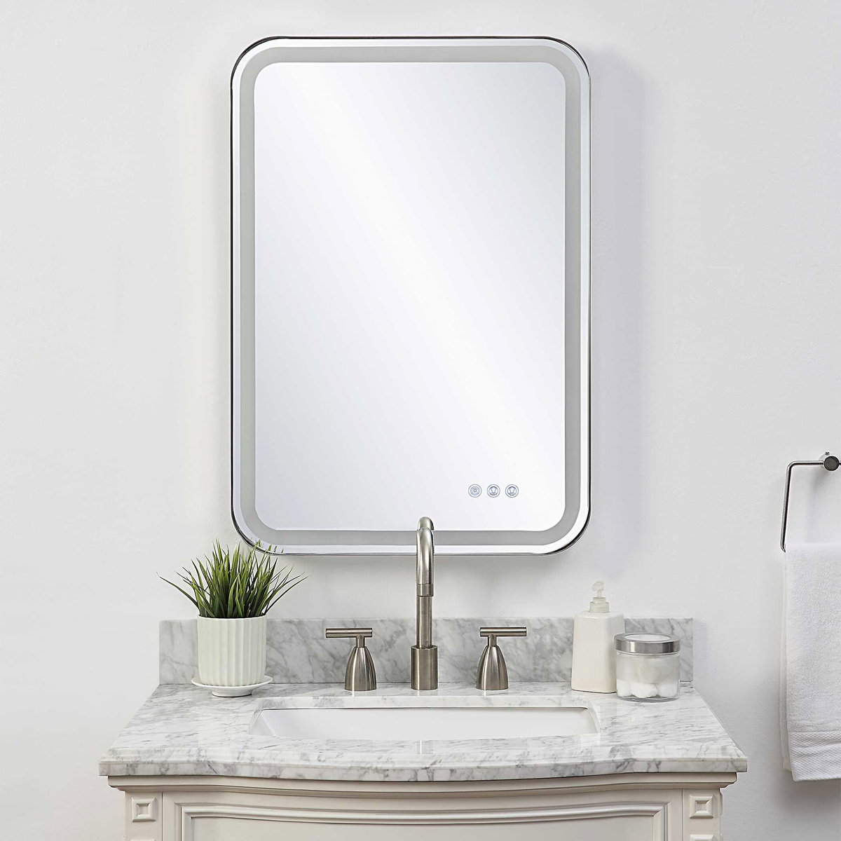 Crofton Lighted Nickel Vanity Mirror, by Uttermost, 1'10.25" width x 2'8.25" height x 2.12" depth View 4