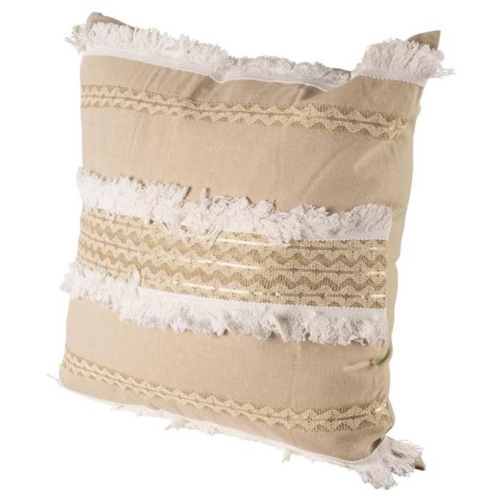 Duston III 22 x 22 Tan and White Fringe Detail Decorative Pillow Cover, by Mercana, 22.05" length x 22.05" width x 1.57" height