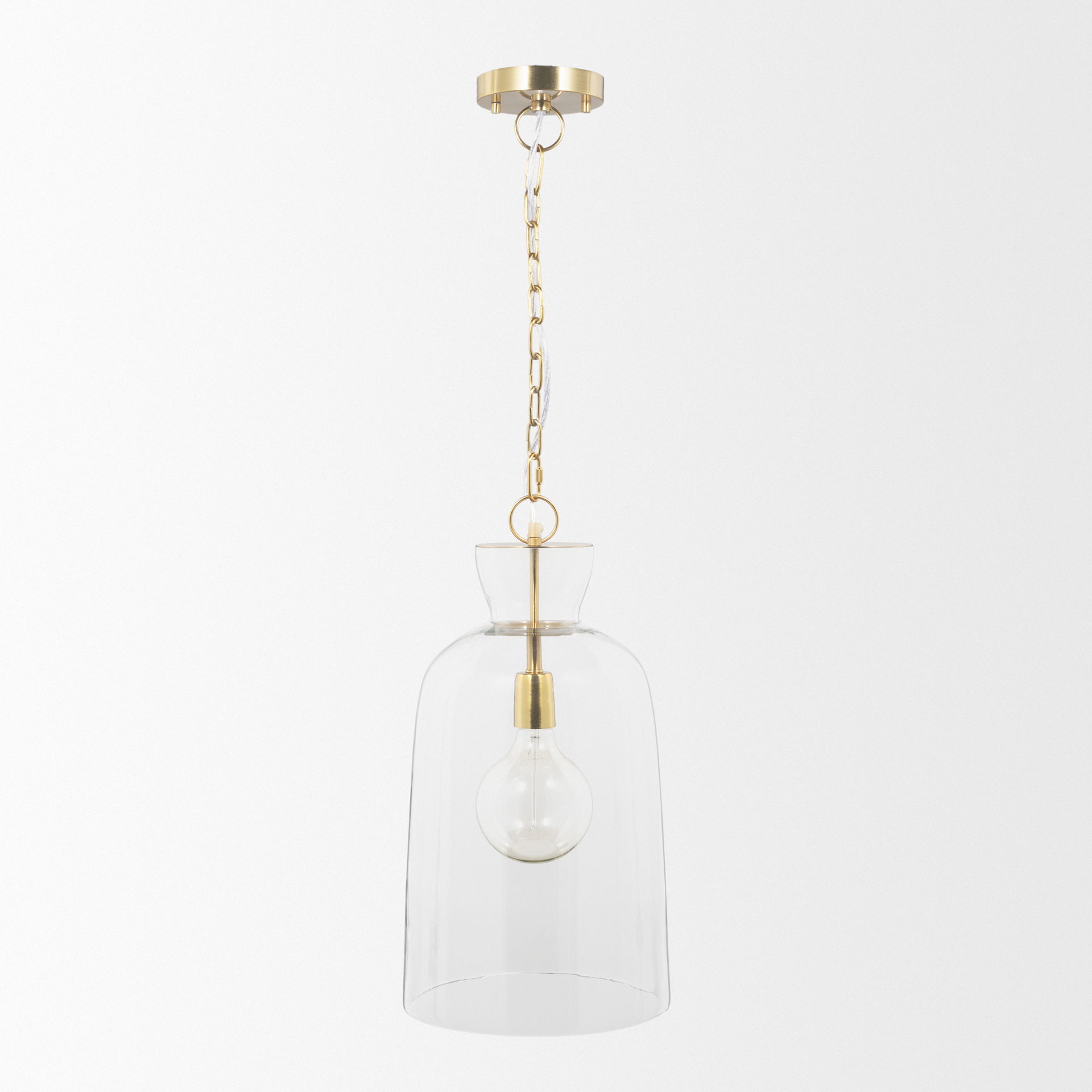 Sadah Tall Clear Blown Glass with Gold Metal Pendant Light, by Mercana, 11.25" length x 11.25" width x 21" height View 3