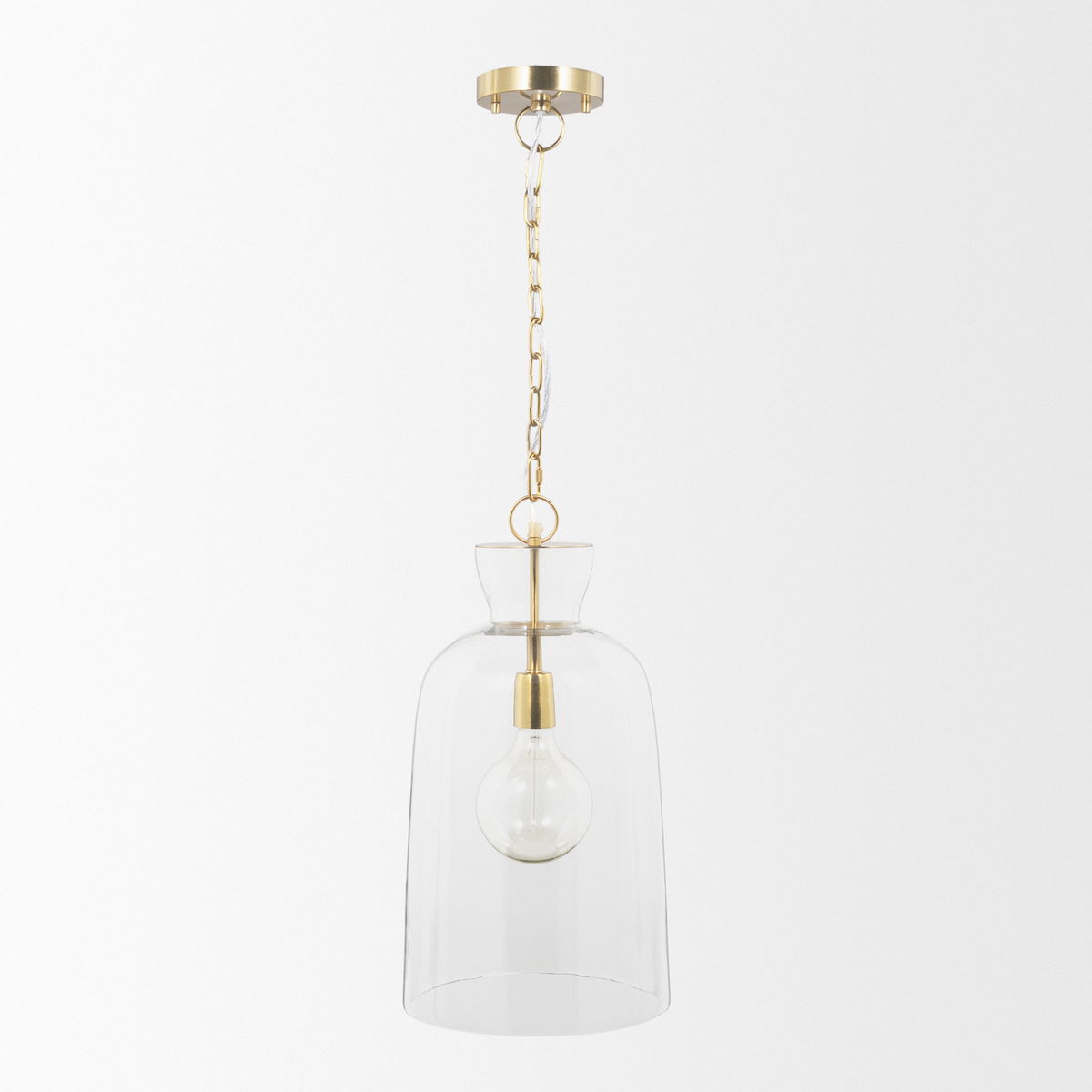 Sadah Tall Clear Blown Glass with Gold Metal Pendant Light, by Mercana, 11.25" length x 11.25" width x 21" height View 3