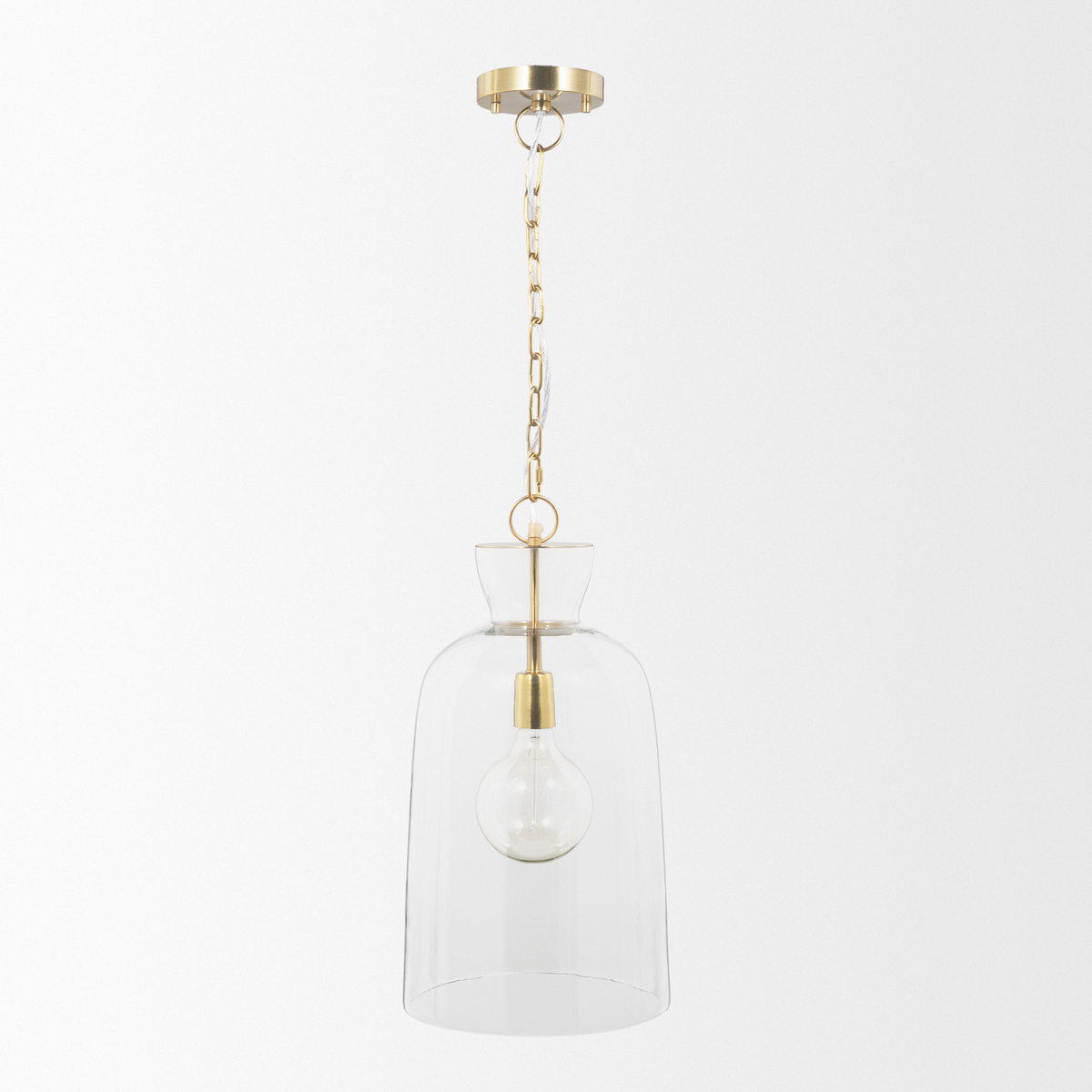 Sadah Tall Clear Blown Glass with Gold Metal Pendant Light, by Mercana, 11.25" length x 11.25" width x 21" height View 3