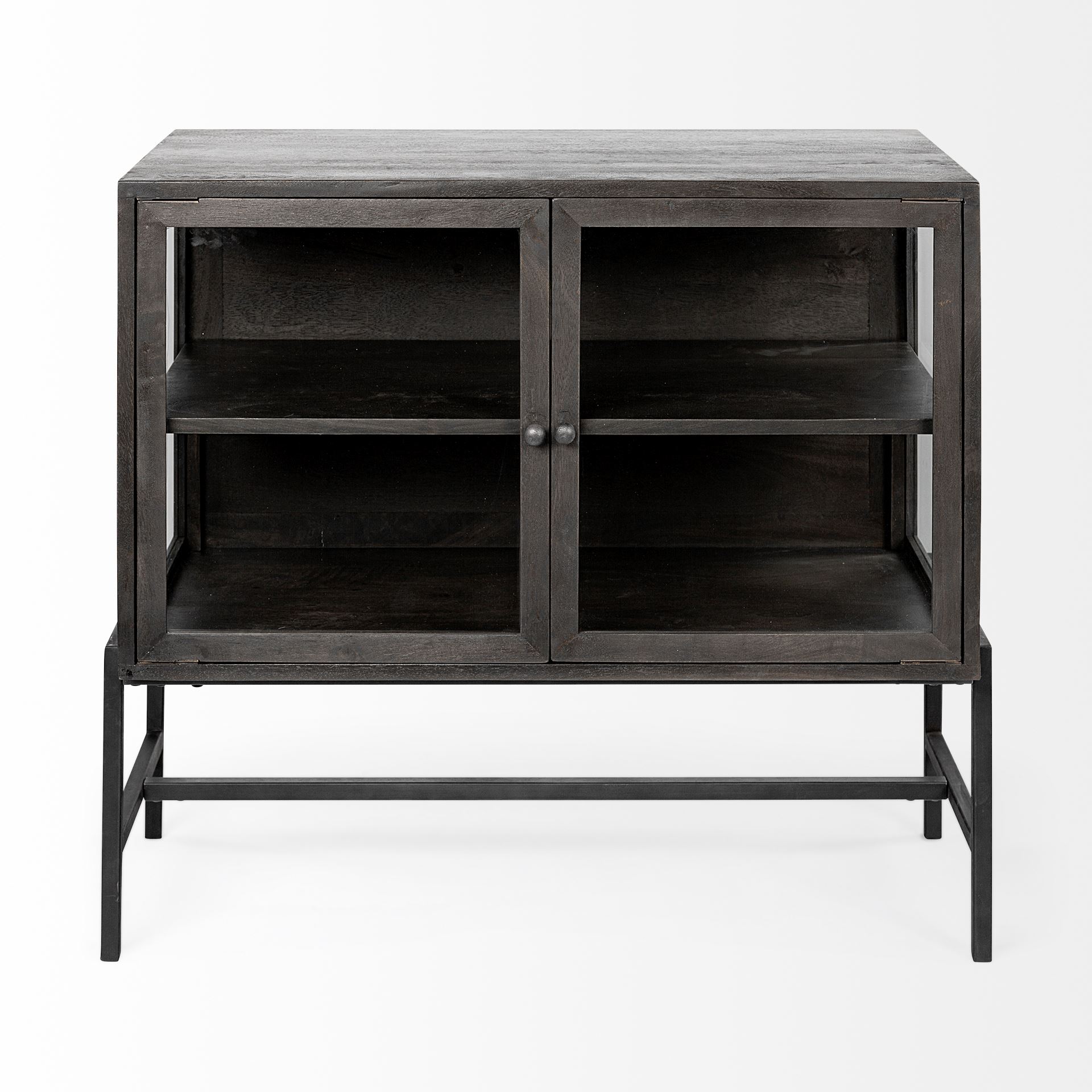 Arelius  36L x 18W Black-Brown Wood, Black Metal Base with 2 Glass Doors Accent Cabinet, Cabinets & Chest by Mercana, 36" length x 18" width x 32" height View 6