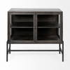 Arelius  36L x 18W Black-Brown Wood, Black Metal Base with 2 Glass Doors Accent Cabinet, Cabinets & Chest by Mercana, 36" length x 18" width x 32" height thumbnail 6