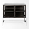 Arelius  36L x 18W Black-Brown Wood, Black Metal Base with 2 Glass Doors Accent Cabinet, Cabinets & Chest by Mercana, 36" length x 18" width x 32" height thumbnail 6