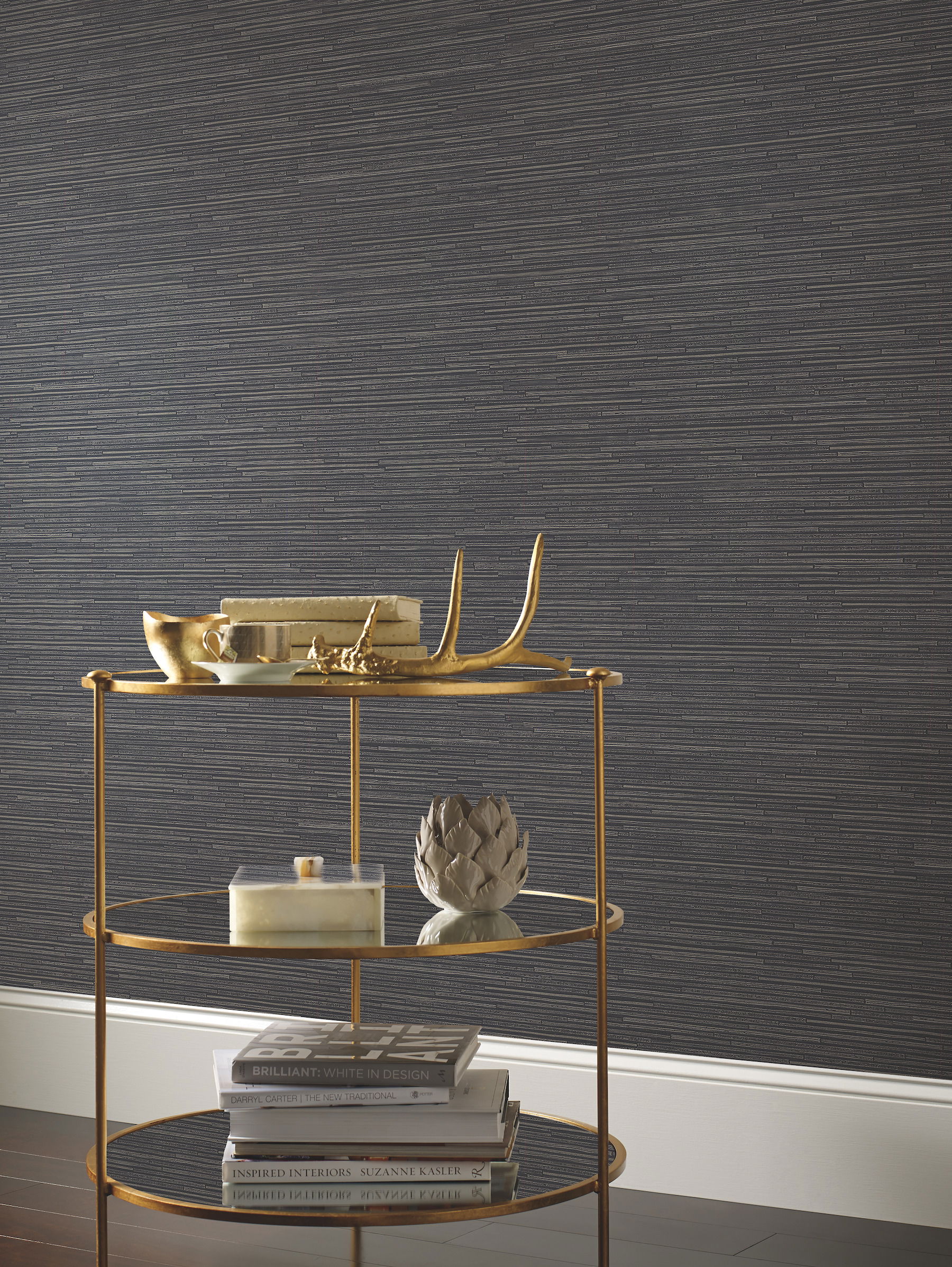 Ribbon Bamboo Black & Silver Metallic Wallpaper large image 