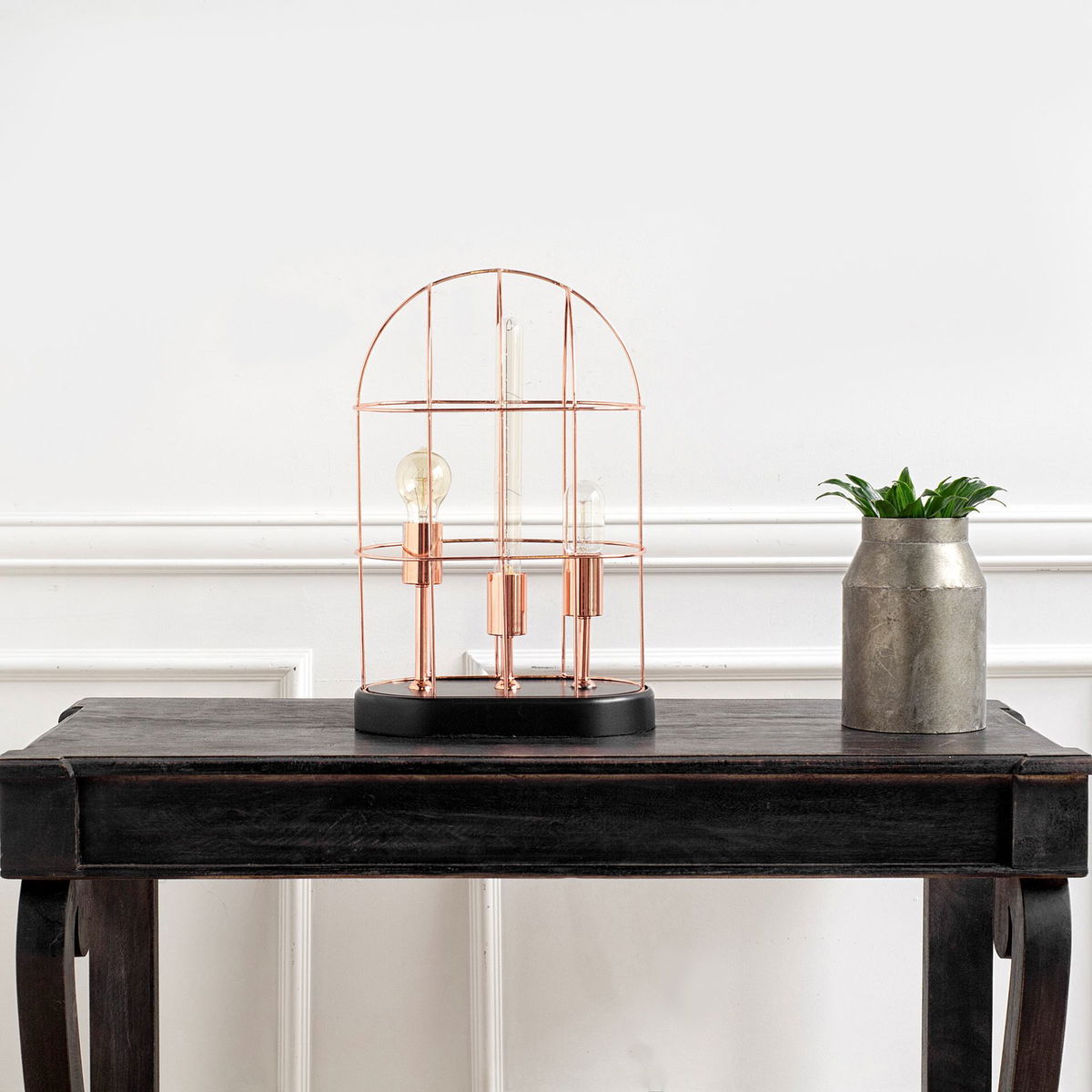 Sutton (19.3'H) Rose-Gold Metal Cylindrical Cage Three Bulb Table Lamp, by Mercana, 12.5" length x 7" width x 19.25" height View 2