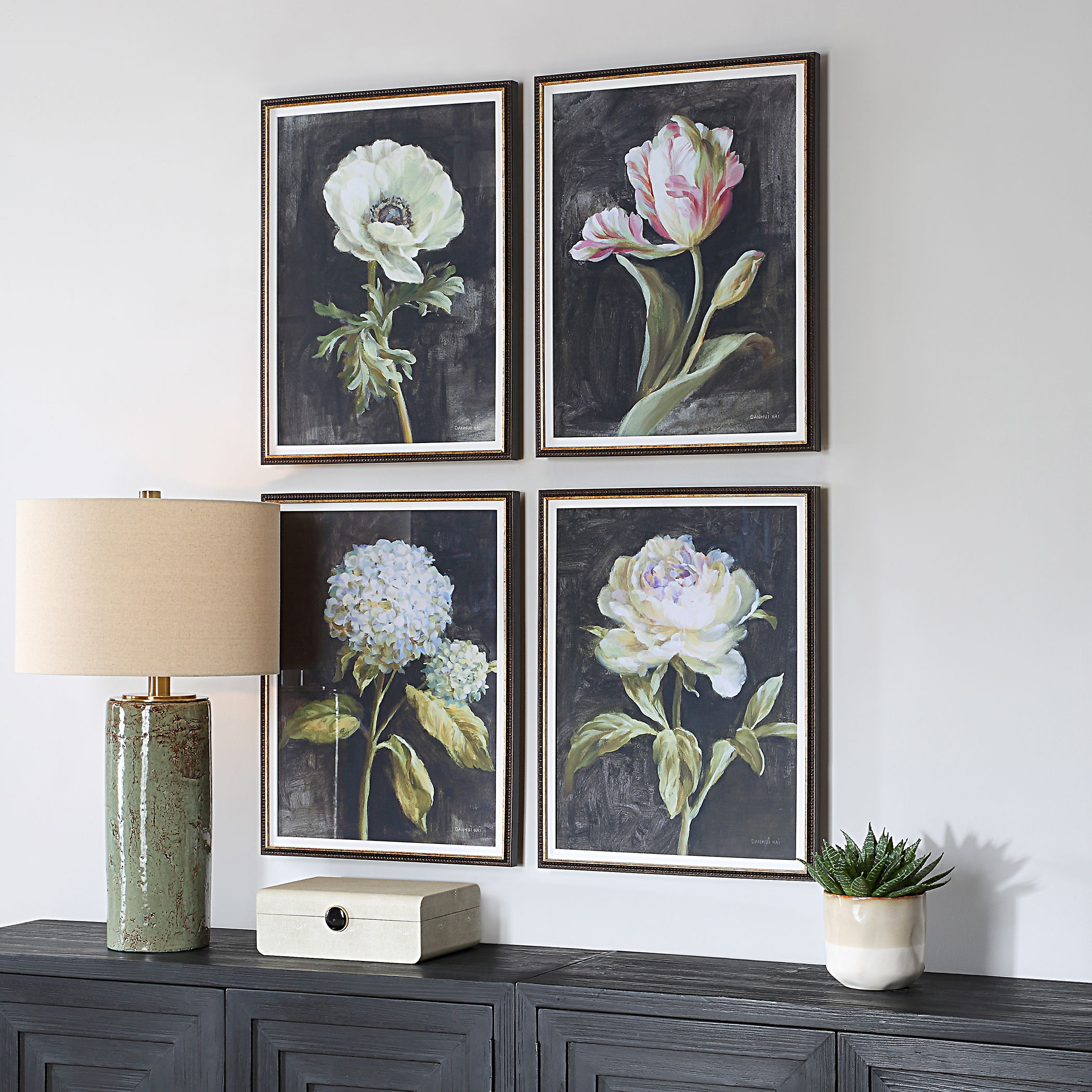 Florals On Black Framed Prints, Set/4 large image 