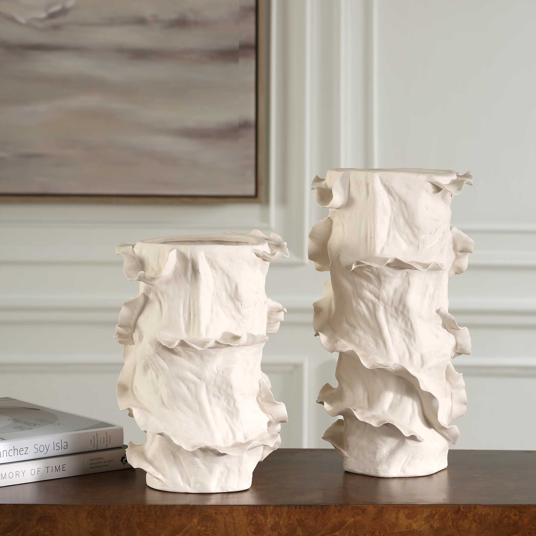 Ripple Crest White Vases Set/2, Decorative by Uttermost, 8" width x 14" height x 6" depth View 3