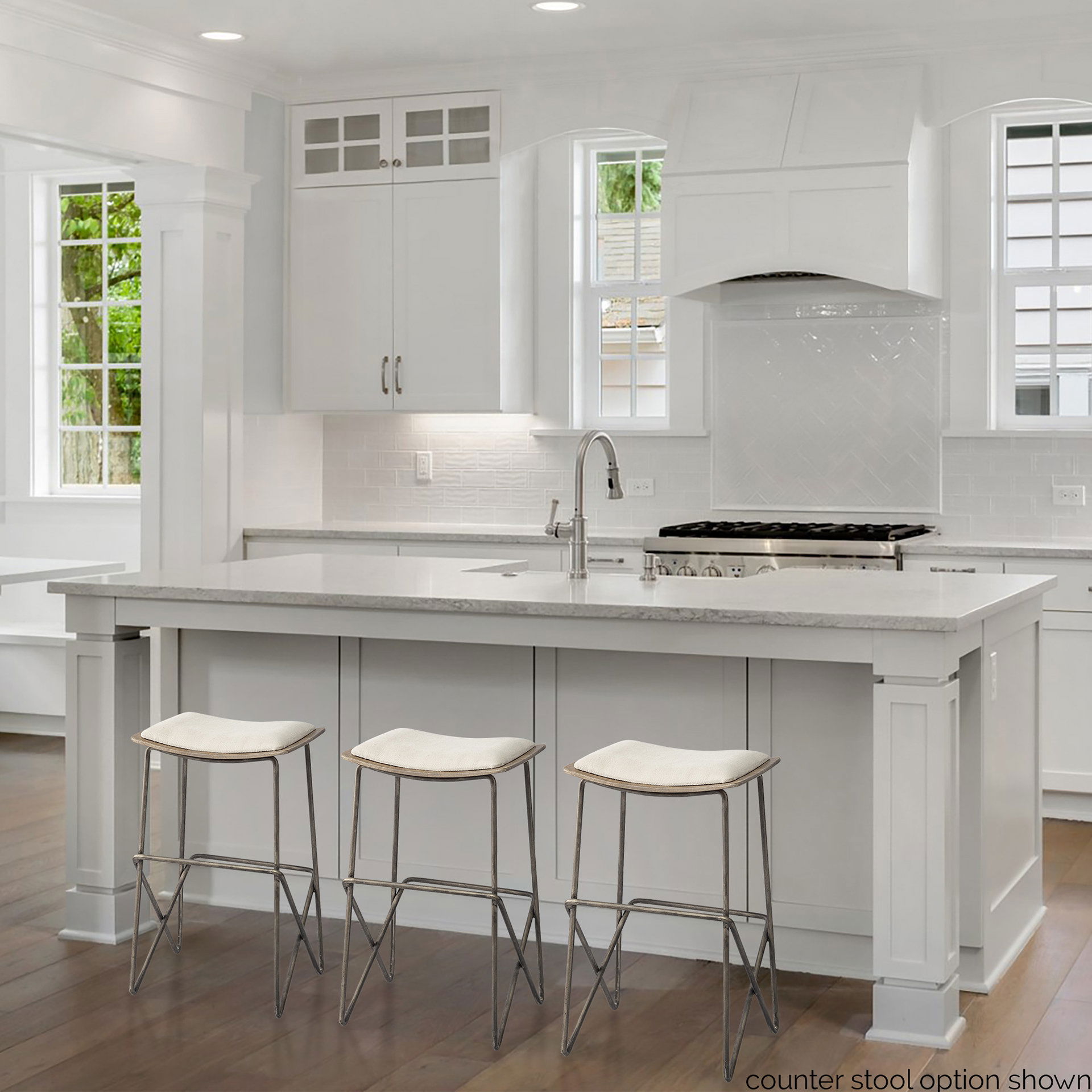 Katniss 30' Total Height Cream Fabric Seat Gold Metal Frame Bar Stool, Counter & Bar Stool by Mercana, 16" length x 16" width x 30" height View 2