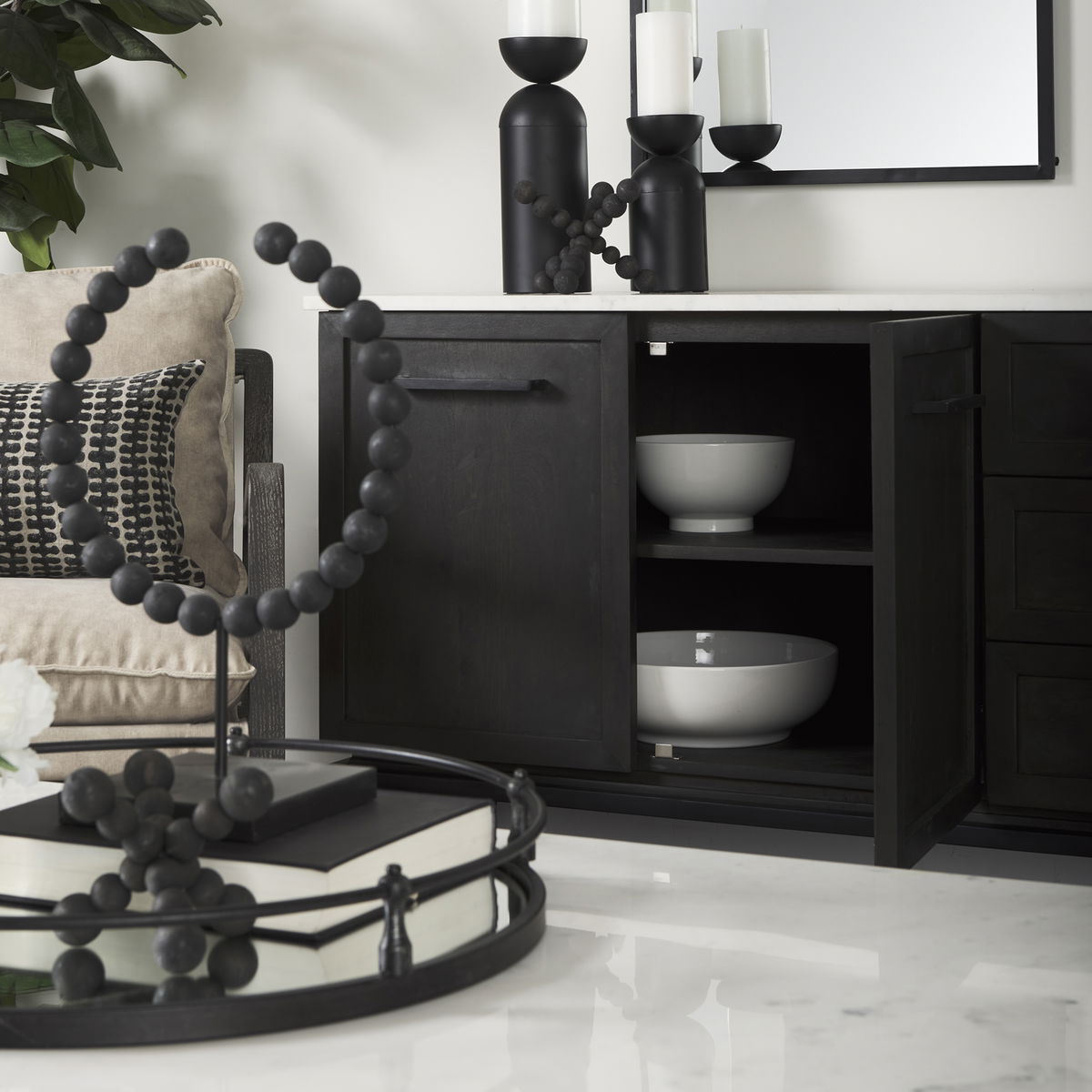 Divina Black-Brown Wood with White Marble Top and Black Metal Base Sideboard, Sideboards & Buffet by Mercana, 71" length x 18.5" width x 32" height View 4