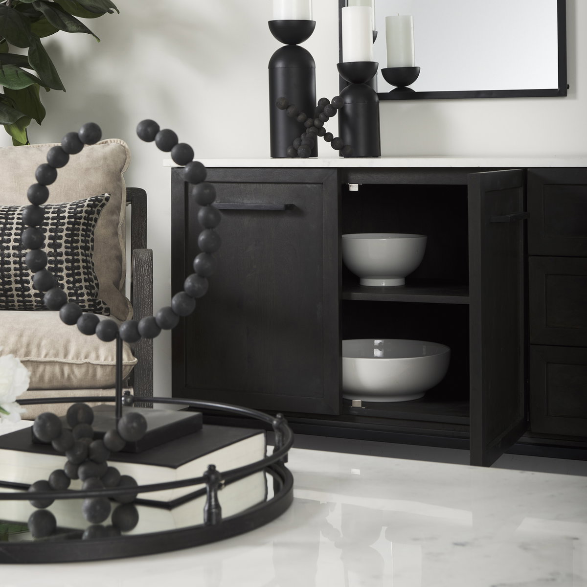 Divina Black-Brown Wood with White Marble Top and Black Metal Base Sideboard, Sideboards & Buffet by Mercana, 71" length x 18.5" width x 32" height View 4