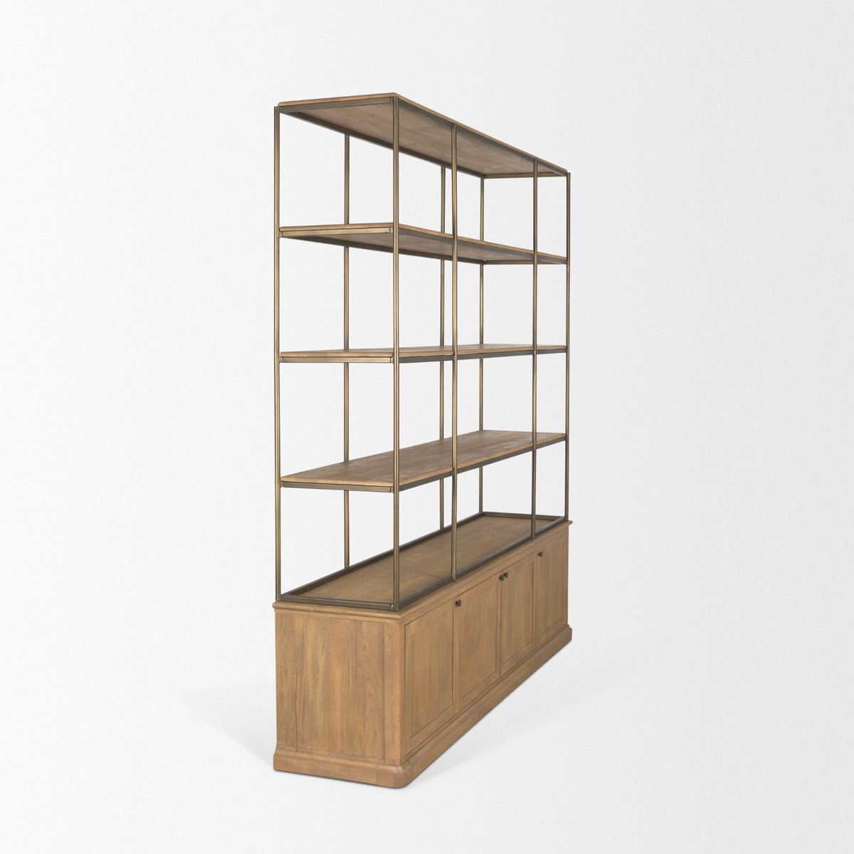 Baron 4-Door Light Brown Wood with Gunmetal Open Shelving Unit, Shelving & Bookcase by Mercana, 81.75" length x 19" width x 90" height View 9