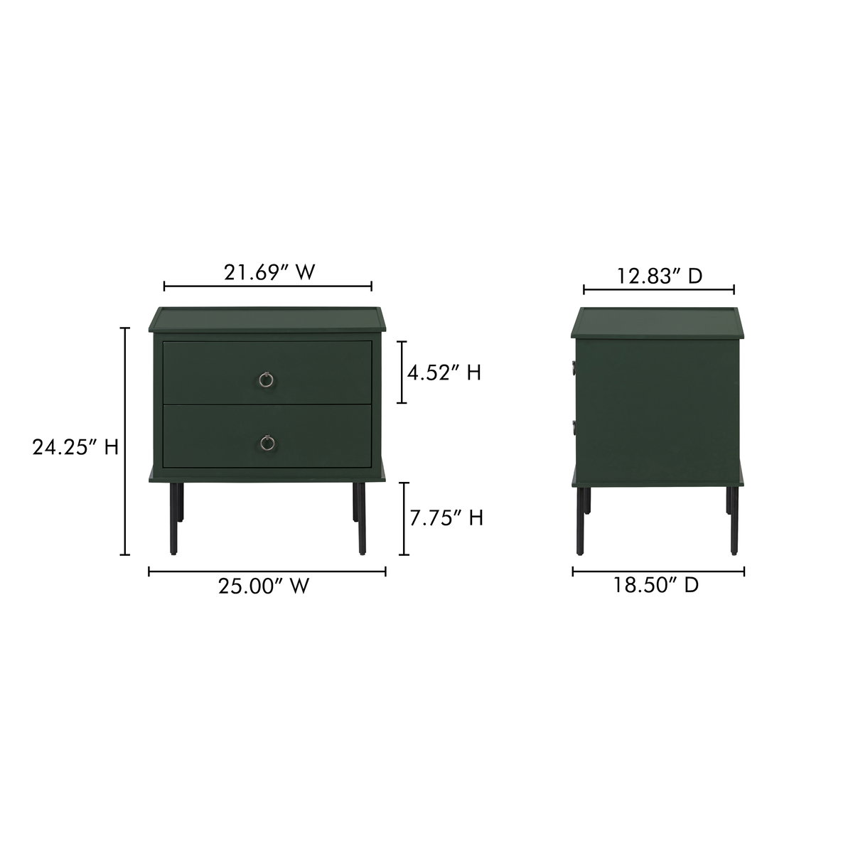 Reagan Nightstand Deep Green, by Moe's Home, 25" width x 24.25" height x 18.5" depth View 13
