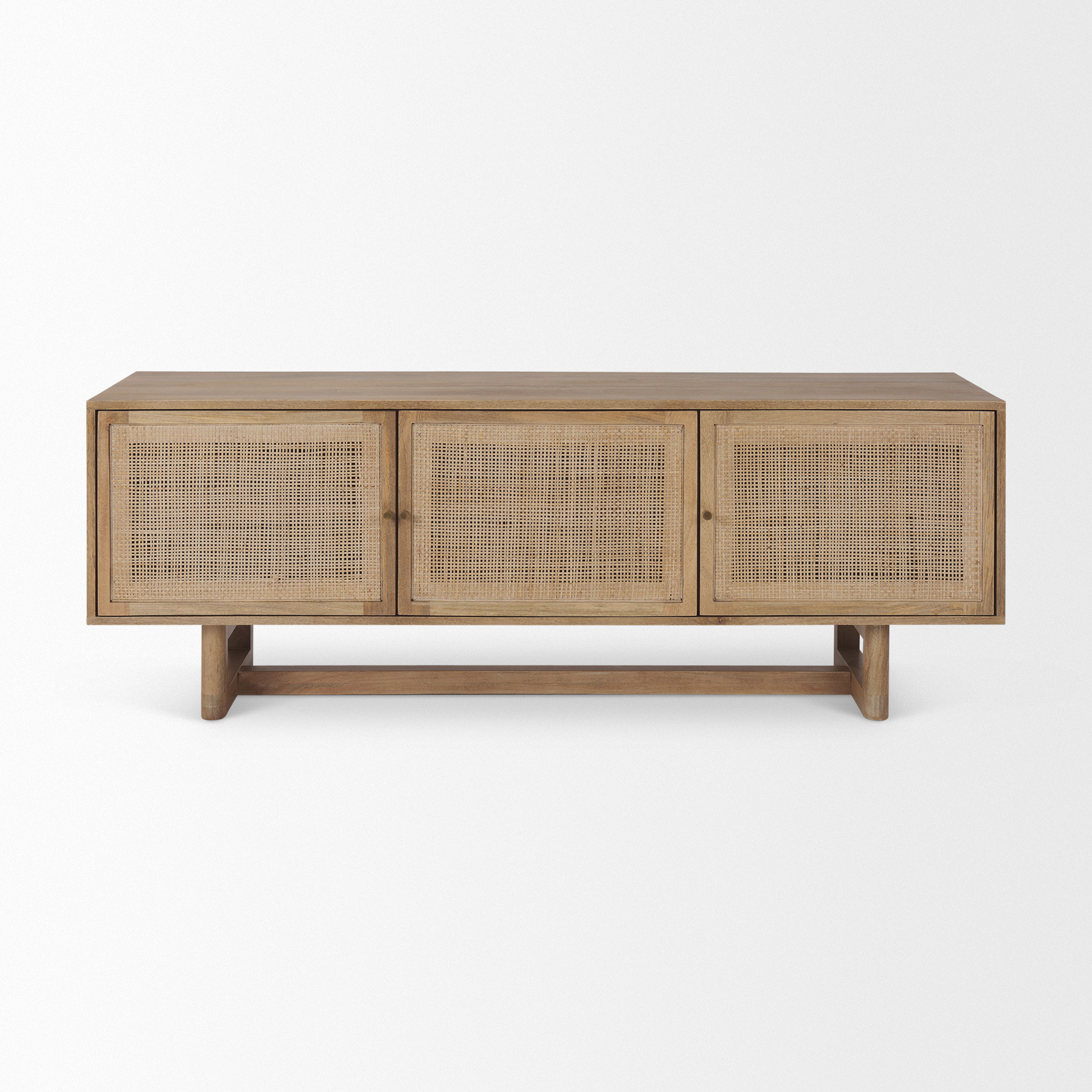 Grier 65' Light Brown Wood with Cane Media Console, by Mercana, 65" length x 18.75" width x 23" height View 2