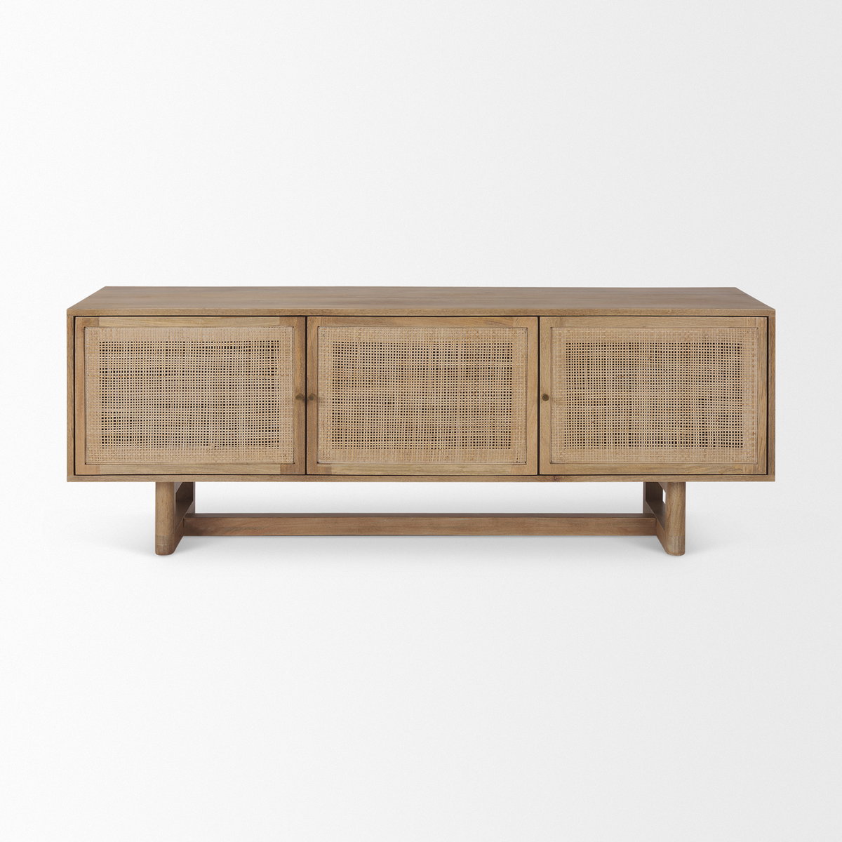 Grier 65' Light Brown Wood with Cane Media Console, by Mercana, 65" length x 18.75" width x 23" height View 2