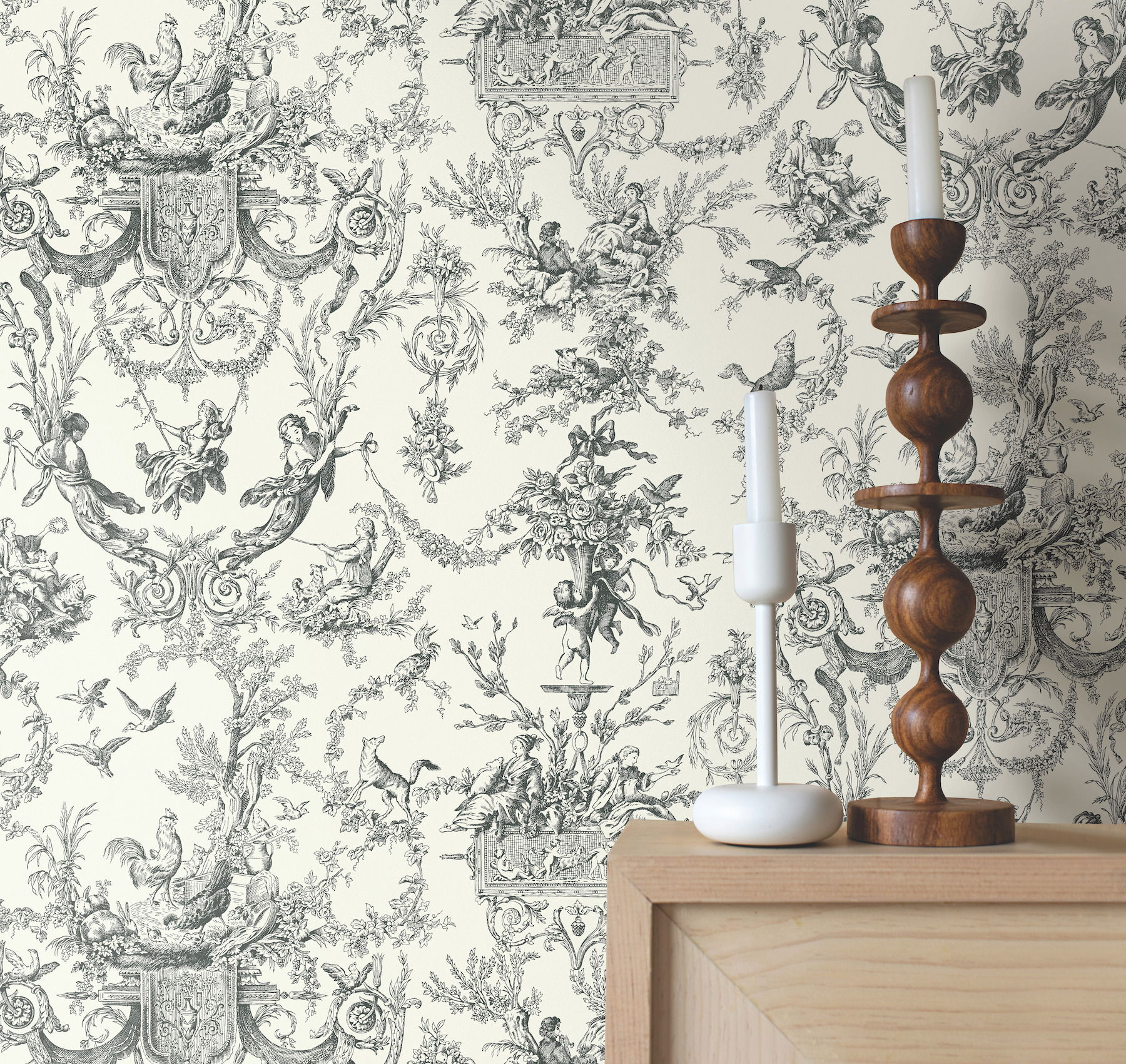Old World Toile Black & White Wallpaper large image 
