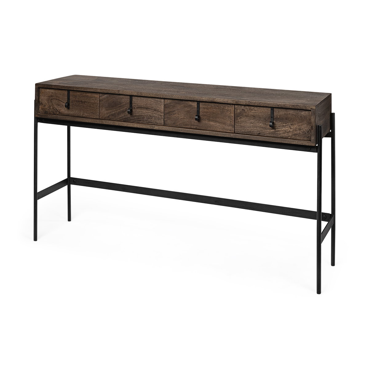 Glenn III 56L x 14W Dark Brown Wood with Black Iron Frame, 4 Drawer Console Table, by Mercana, 55.5" length x 14.5" width x 30" height View 1