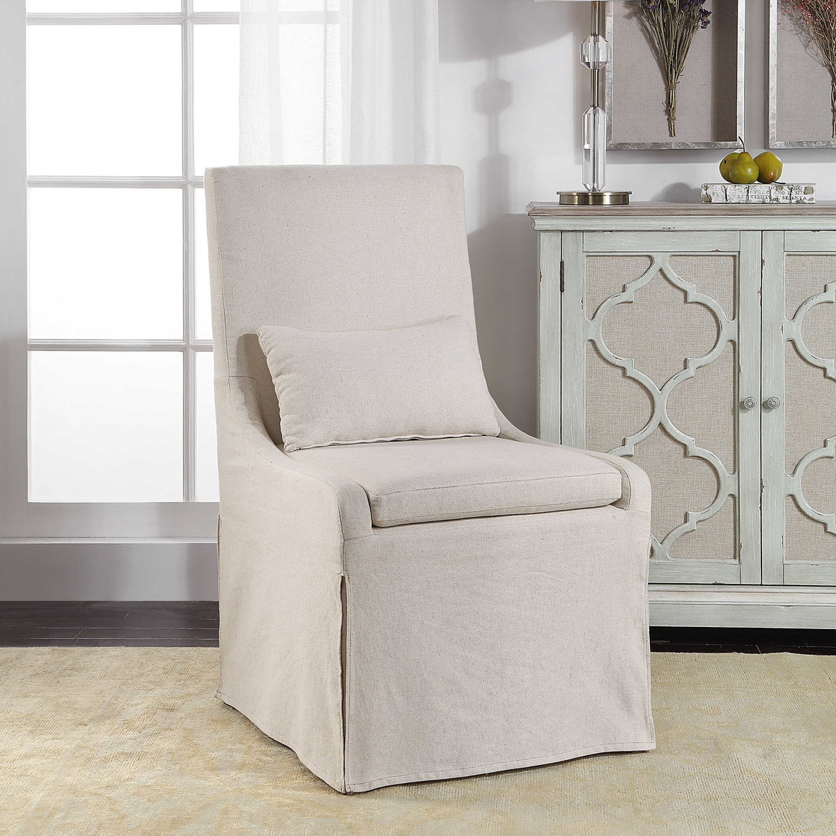 Coley White Linen Armless Chair, Accent Chair by Uttermost, 23" width x 39.5" height x 25" depth View 6