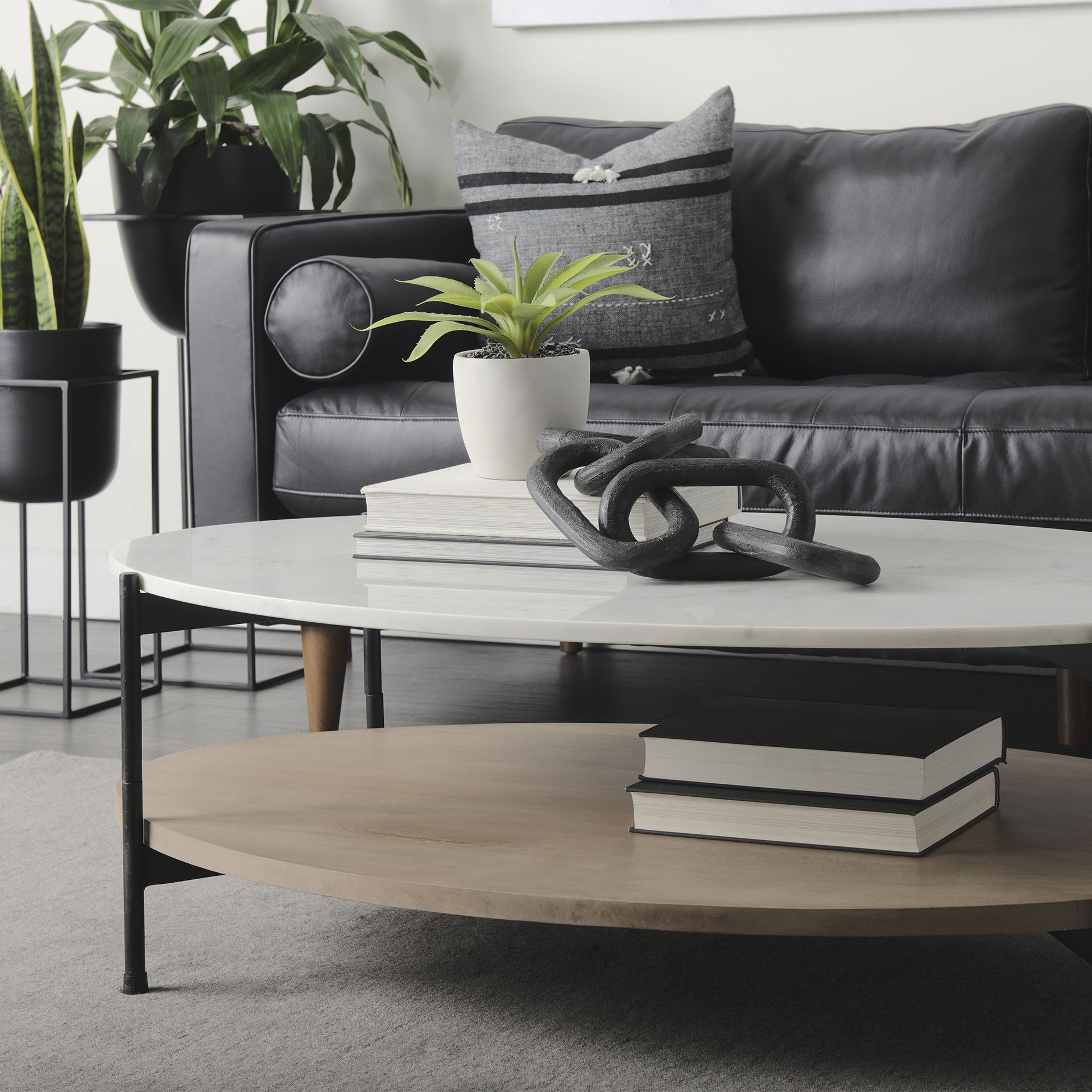 Larkin 48' Oval White Marble Top and Solid Wood Shelf with Black Metal Frame Coffee Table large image 