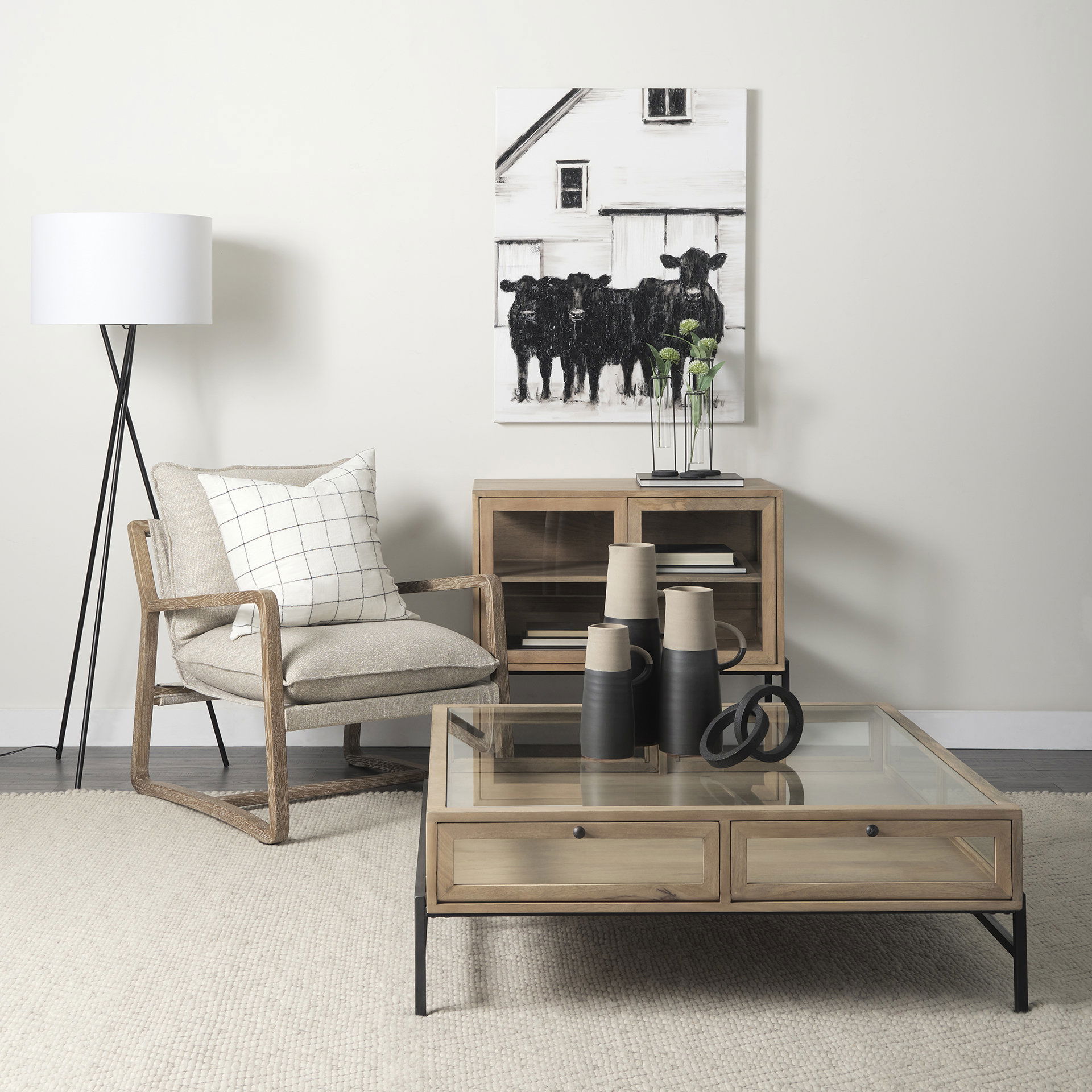 Arelius 42' Square Glass-Top Light Brown with Black Metal Base Display Coffee Table large image 