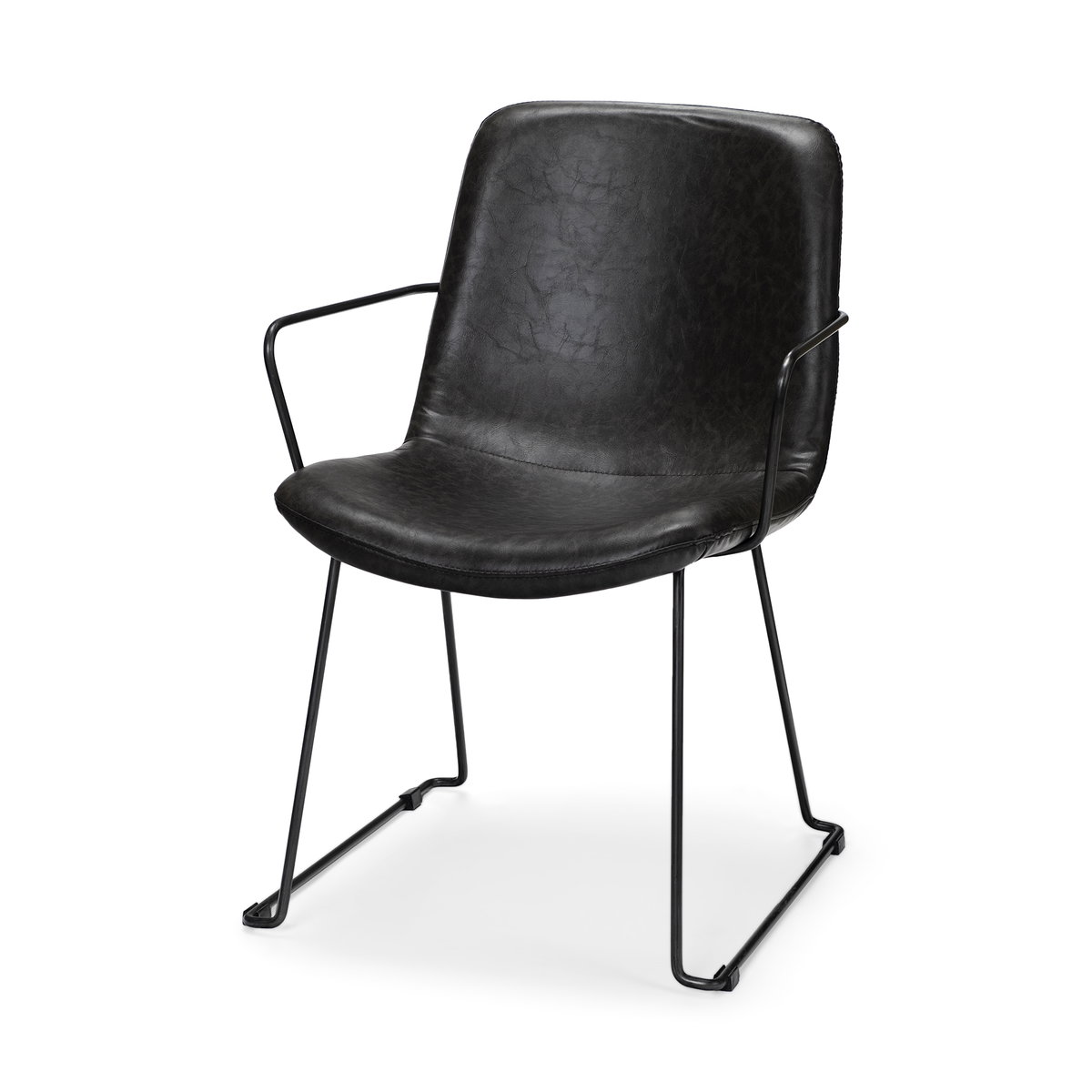 Sawyer Solid Back Dining Arm Chair | Black Faux Leather with Black Iron, Dining Chair by Mercana, 23.23" length x 25.59" width x 33.07" height View 1