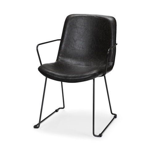 Sawyer Solid Back Dining Arm Chair | Black Faux Leather with Black Iron