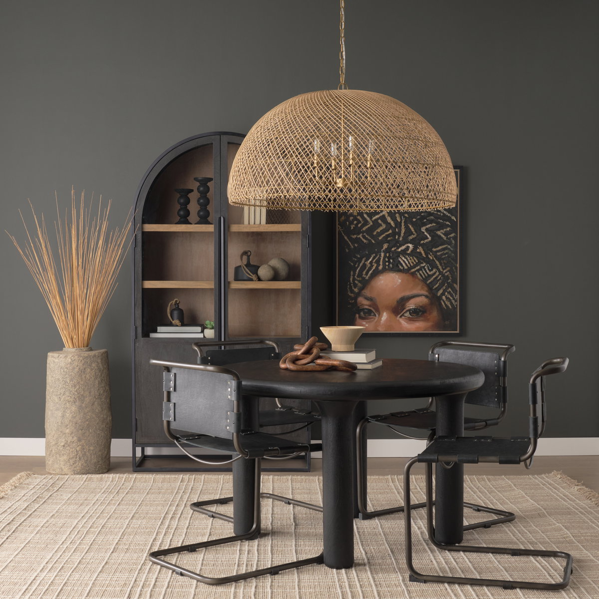 Thad 4-Light Natural Woven Rattan Dome Chandelier, by Mercana, 38" length x 38" width x 21" height View 2
