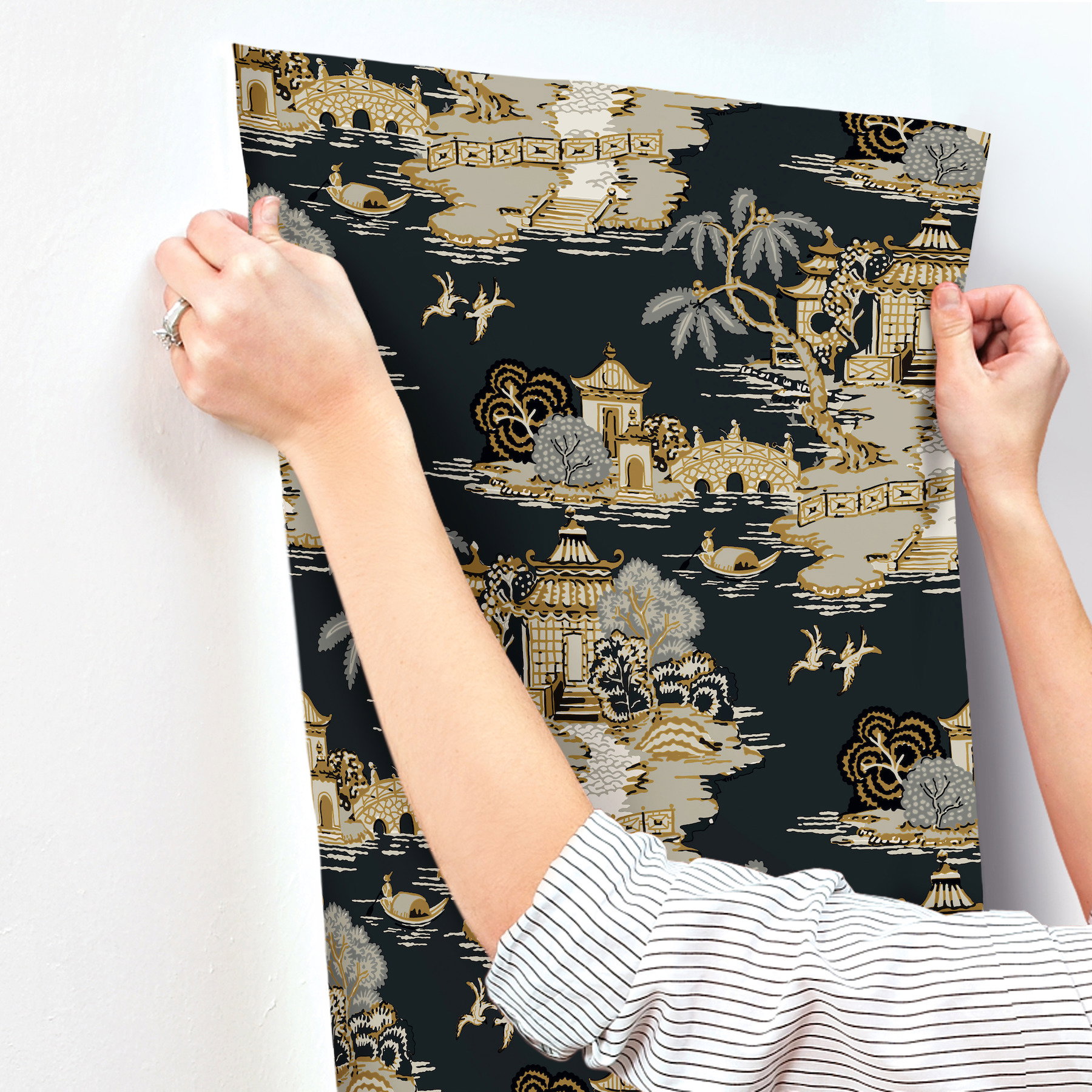Pagoda And Sampan Scenic Black Wallpaper, by York Wall, 27' length x 2'3" width x 0.02" depth View 6