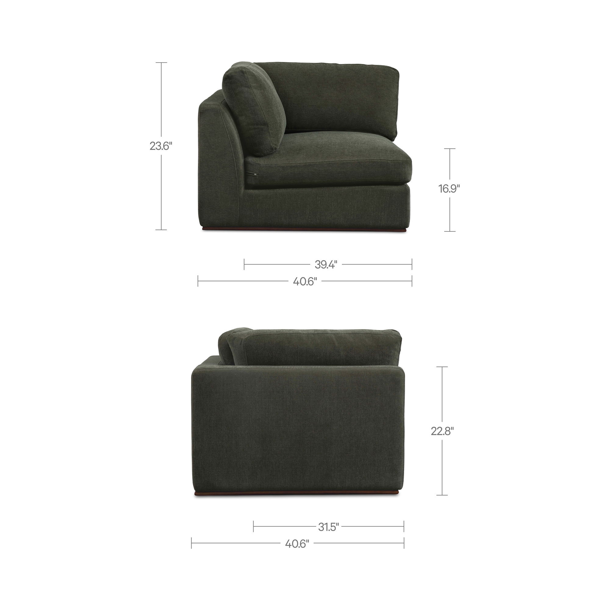 Rue Corner Chair Deep Green, Sectional Sofa by Moe's Home, 40.6" width x 23.6" height x 40.6" depth View 7
