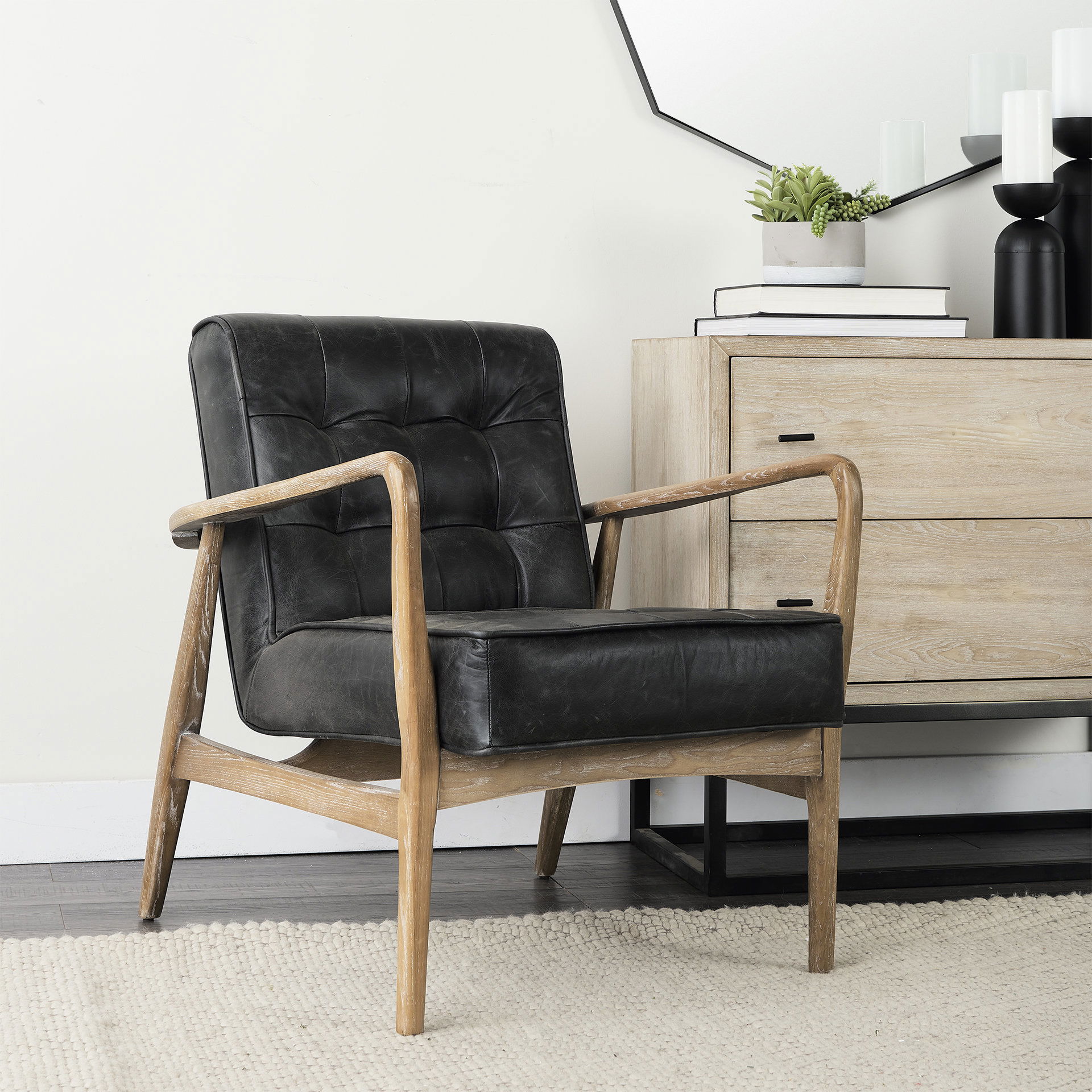 Phineas Black Leather with Brown Wooden Frame Accent Chair large image 