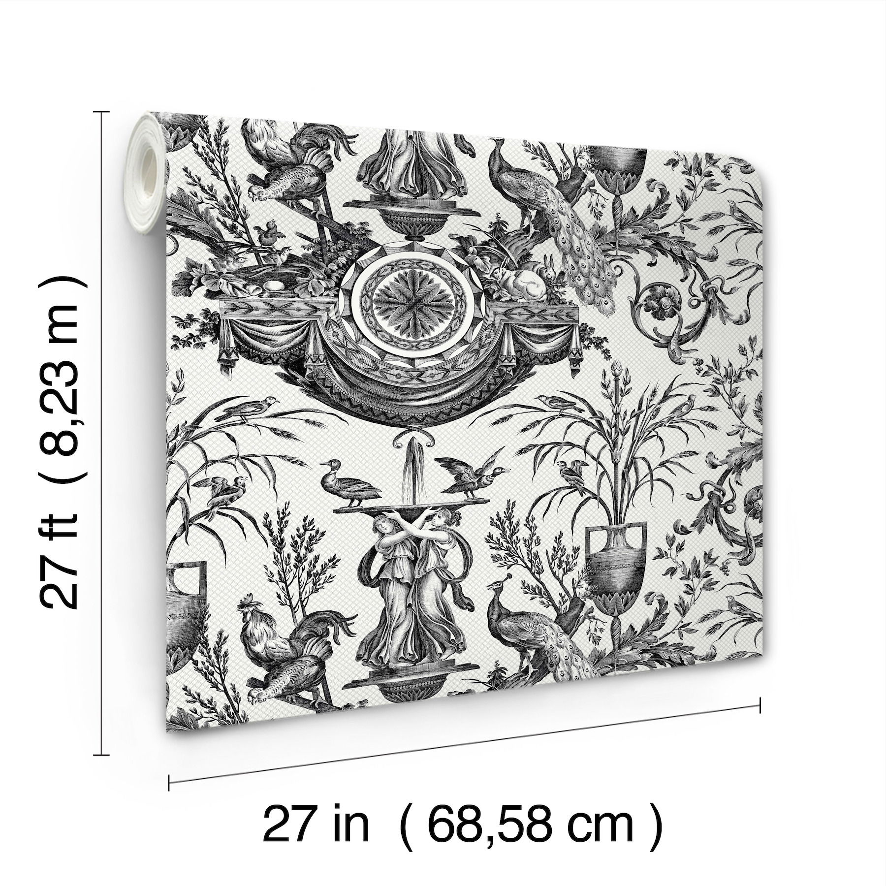 Avian Fountain Toile Black Wallpaper large image 