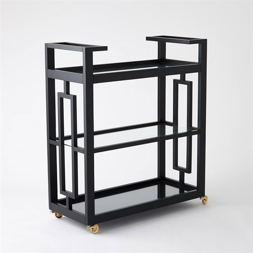 Grid Block Bar CartBlack Lacquer with Shiny Bras, Decor by Global Views, 36" length x 16" width x 42" height View 6