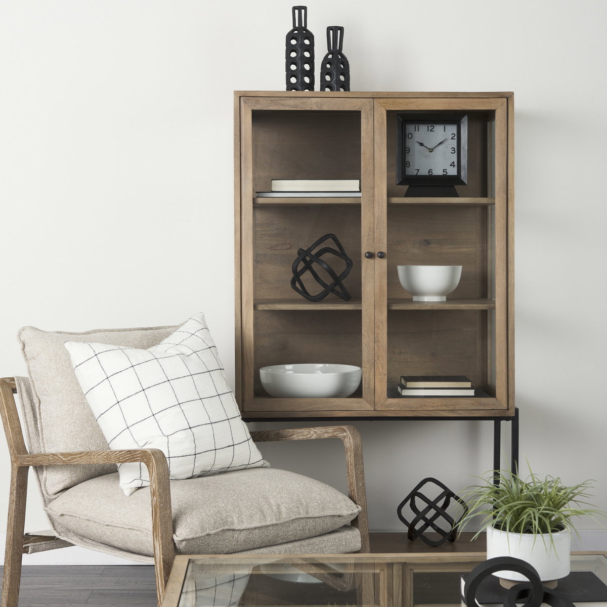 Arelius 36L x 18.75W x 63H Light Brown Wood with Black Metal Base Display Cabinet, Cabinets & Sideboard by Mercana, 36" length x 18.75" width x 63" height View 3