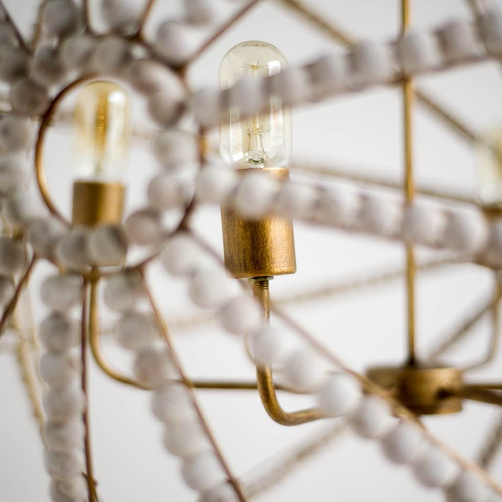 Ava White (34'D) Gold Metal and White Wood Beaded Six Bulb Chandelier, by Mercana, 34" length x 34" width x 34" height View 4