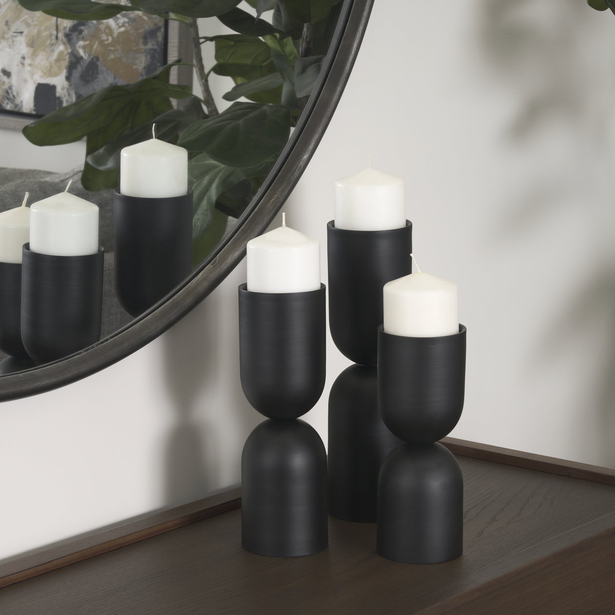 Qamra Short Black Metal Pillar Candle Holder, Candles & Candle Holder by Mercana, 3.5" length x 3.5" width x 9.25" height View 3