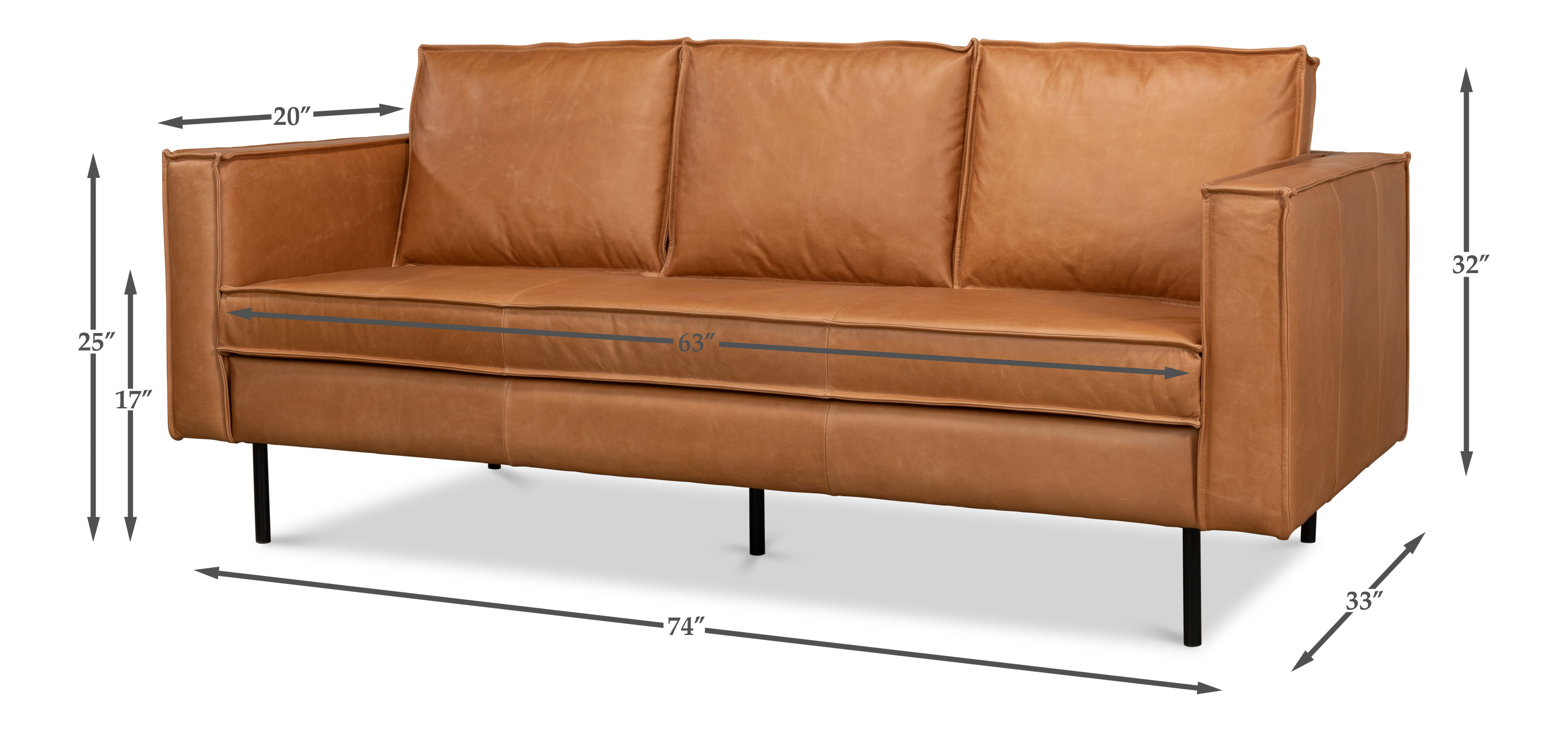 Esprit Leather Sofa, Sofas & Sectional by Sarreid, 74" length x 33" width x 32" height View 14