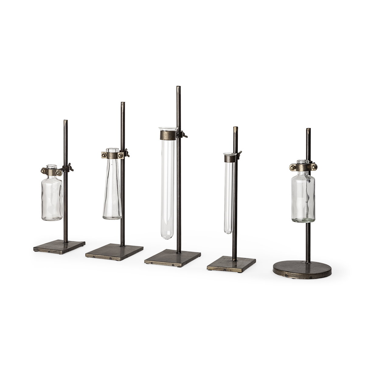 Jarvis Set of Five Dark Brown Metal and Glass Chemistry Inspired Bottles, Vase by Mercana, 5" length x 5.12" width x 12.5" height View 1