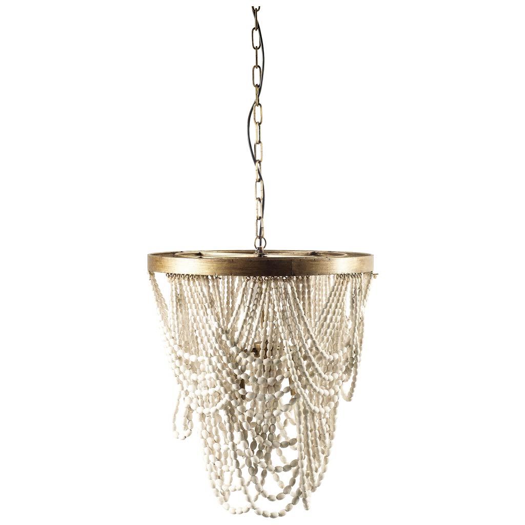 Pendra (26'x23') Gold Metal Whitewashed Wooden Bead Three Bulb Chandelier, by Mercana, 26" length x 26" width x 23" height View 1
