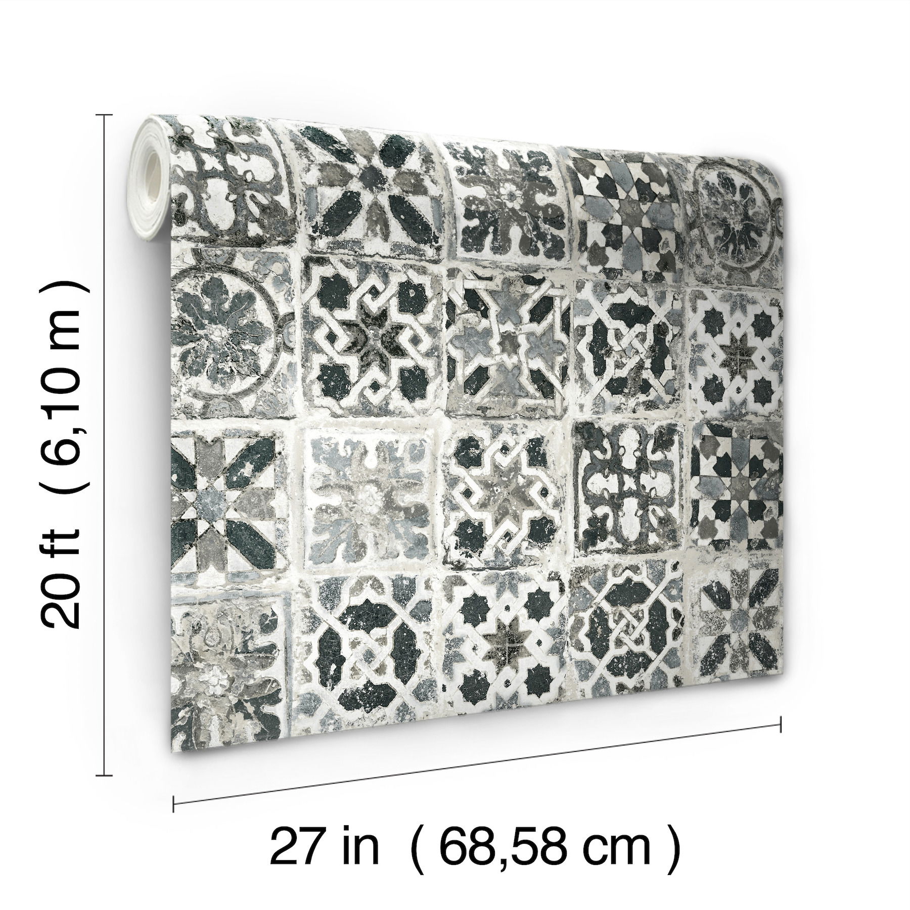 Encaustic Tile Black Peel & Stick Wallpaper large image 