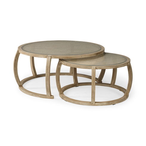 Hubbard Set of 2 Round Woven Cane with Glass Top Solid Wood Base Coffee Tables