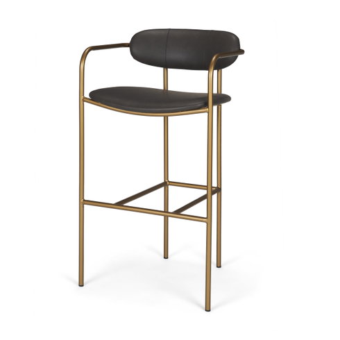 Parker Backless 40in Seat Bar Stool | Brown Faux Leather with Gold Metal